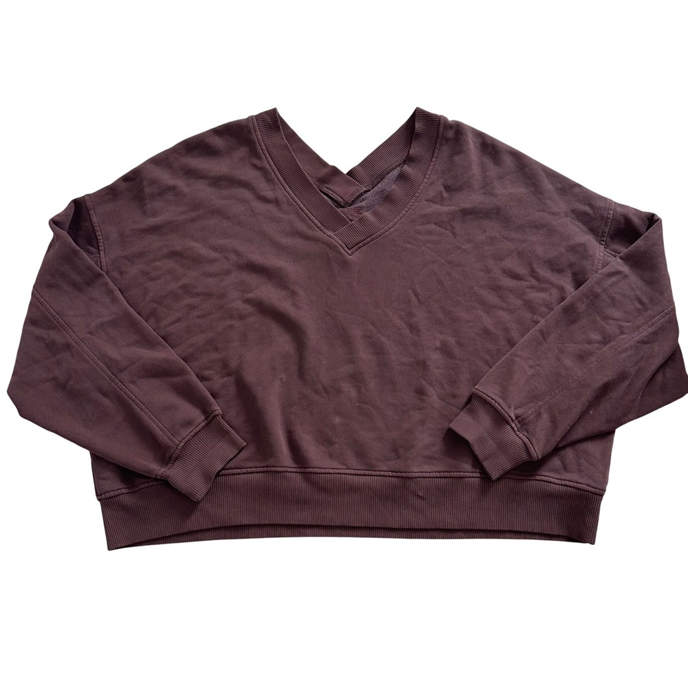 Aerie Oversized V-Neck Sweatshirt Brown Mahogany French Terry XL Relaxed Fit